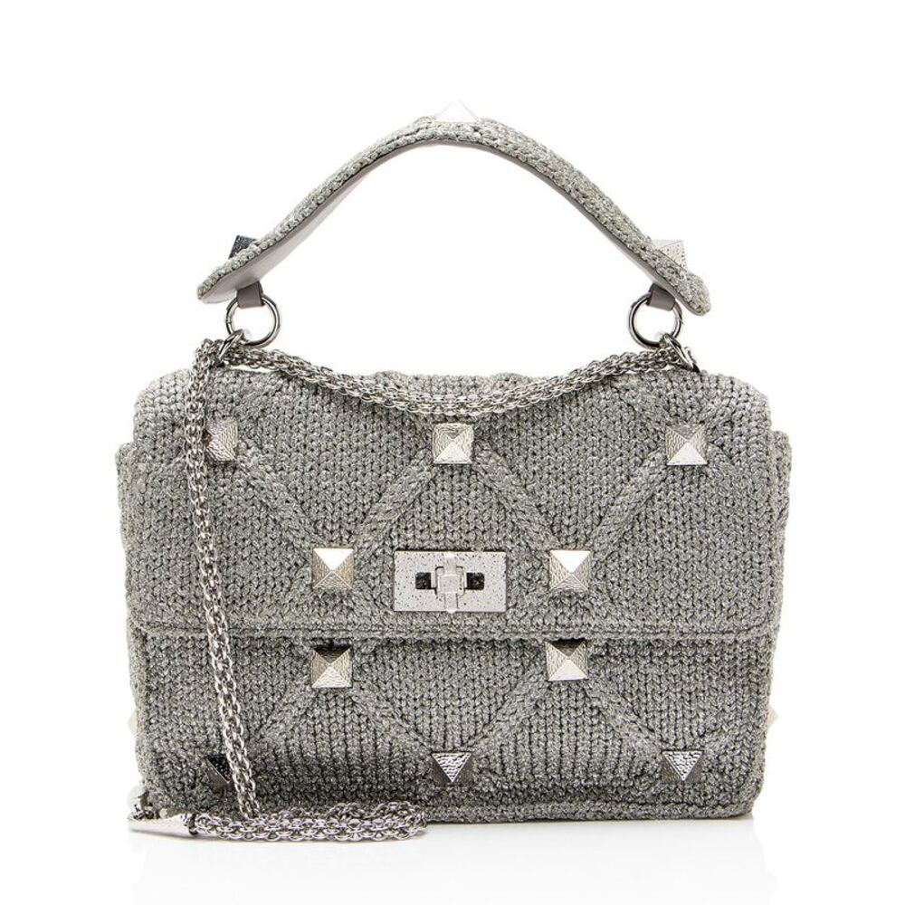 Valentino Metallic Lurex Knit Roman Stud Medium Shoulder Bag